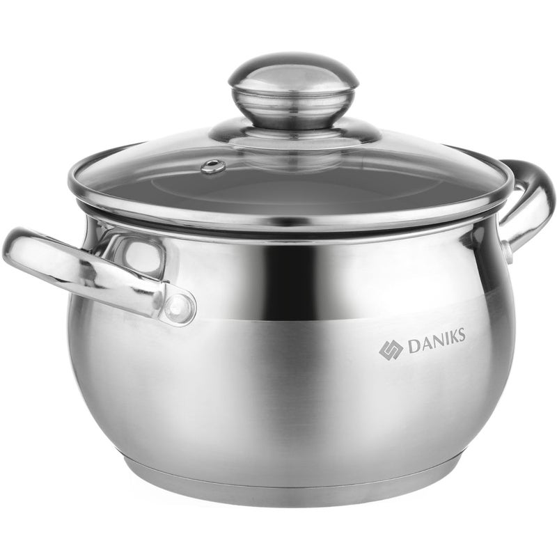Daniks Classic Stainless Steel Stock Pot with Glass Lid - Induction 2 Quart  Dishwasher Safe  Measuring Scale  For Soup  Pasta  Stew  Silver - Image 1